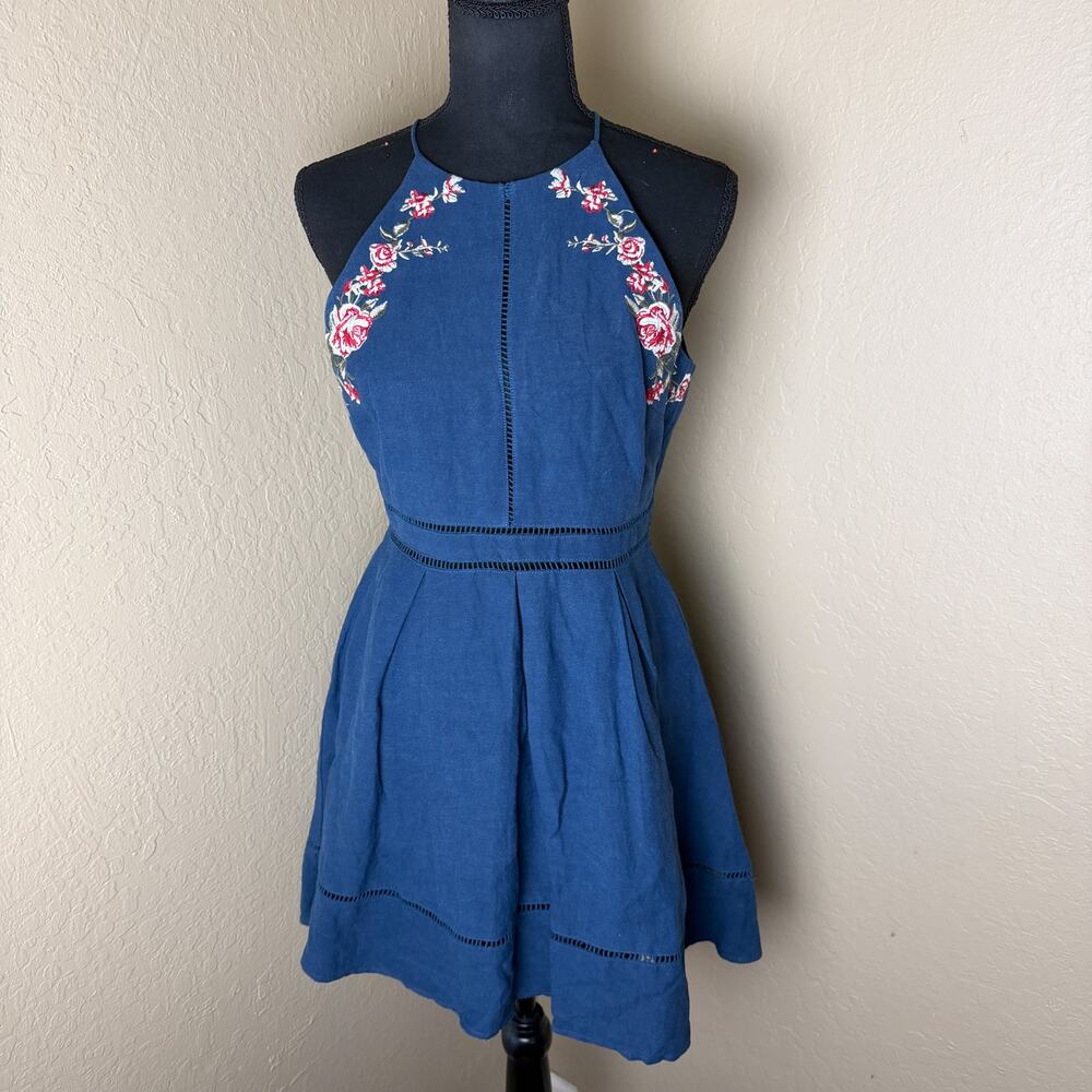 J.O.A. Los Angeles Blue Linen Blend Floral Embroidered Cutout Mini Dress S